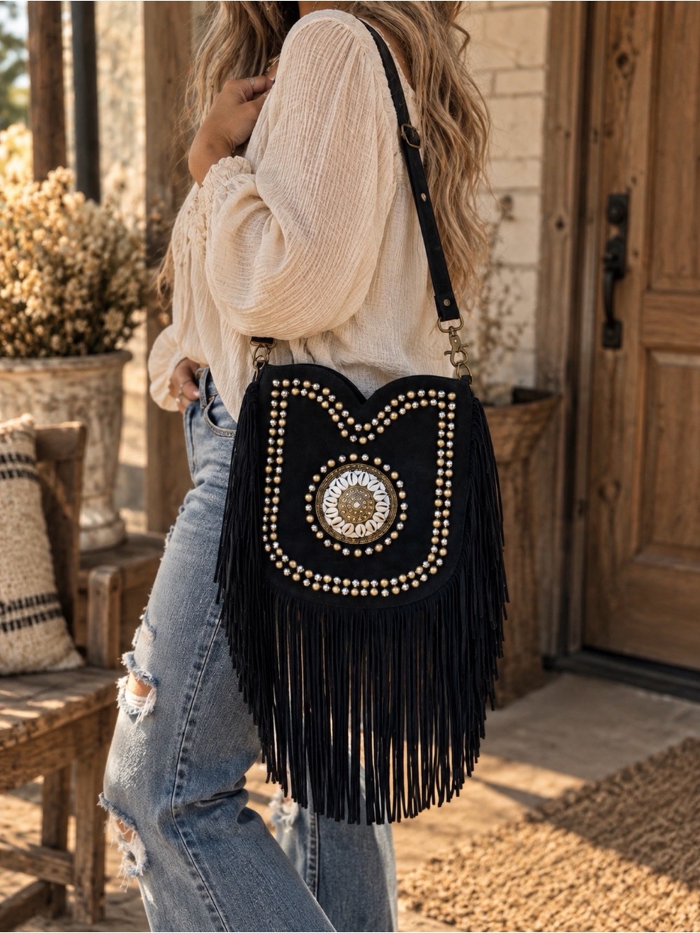 Black Western Fringe Crossbody Bag | Studded Concho Boho Cowgirl Y2K